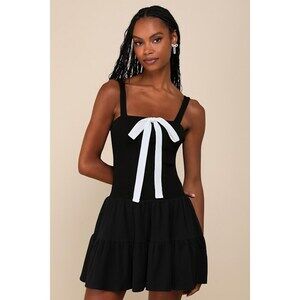 Lulus Flirty Edge Black Ribbed Bow Tiered Mini Dress - Size L